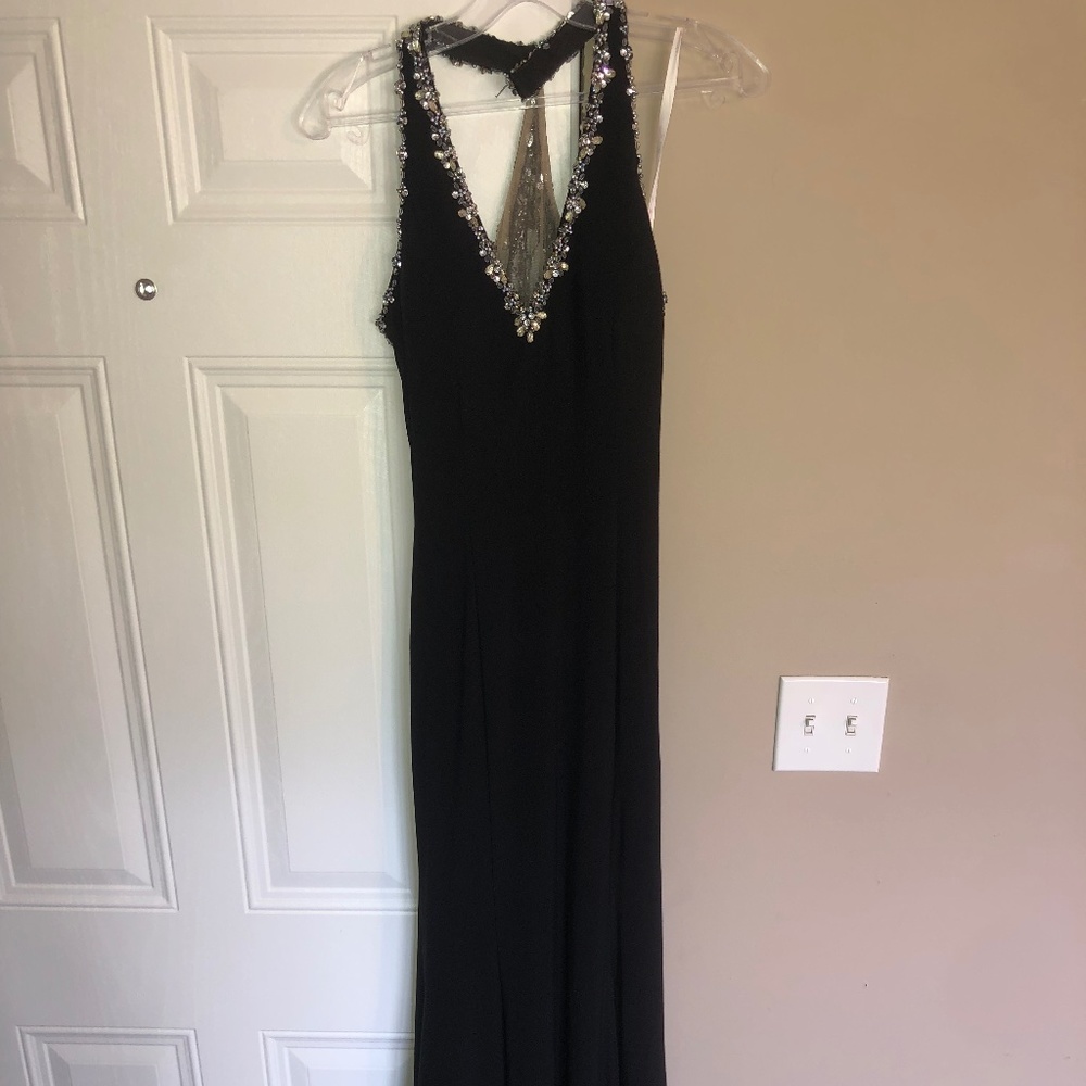 Black Prom Dress halter top with slit and small train Size 8 WORN ONCE